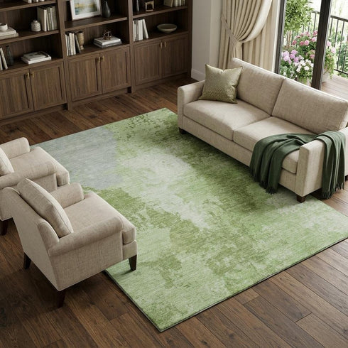 8' X 10' Artichoke Green And Ivory Abstract Washable Area Rug With UV Protection