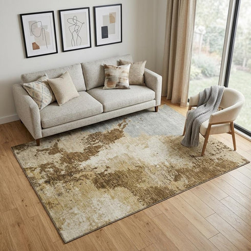 5' X 8' Brown Beige And Gray Abstract Washable Area Rug With UV Protection