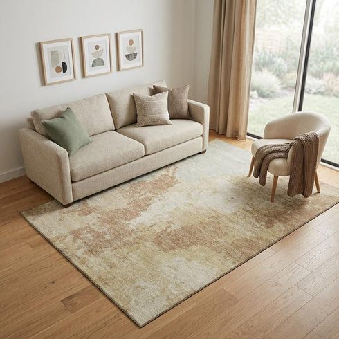5' X 8' Coral Ivory And Beige Abstract Washable Area Rug With UV Protection