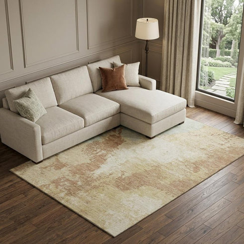 8' X 10' Coral Ivory And Beige Abstract Washable Area Rug With UV Protection
