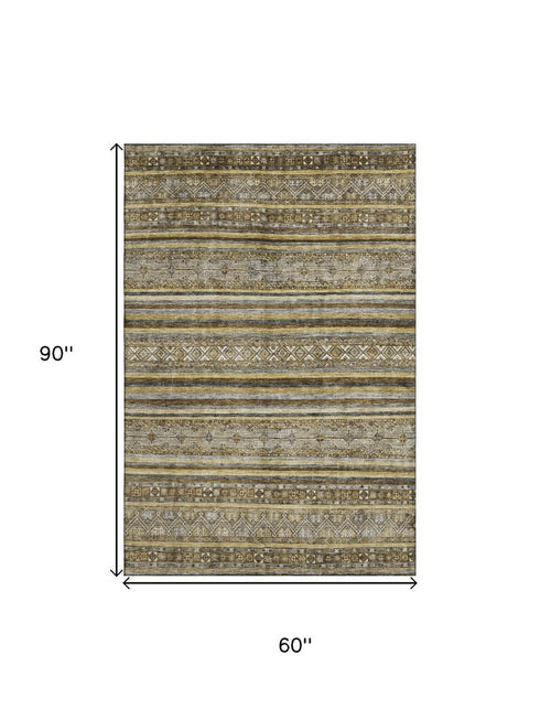 5' X 8' Brown Beige And Gray Striped Washable Area Rug With UV Protection