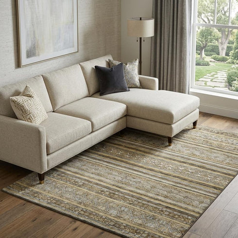 9' X 12' Brown Beige And Gray Striped Washable Area Rug With UV Protection