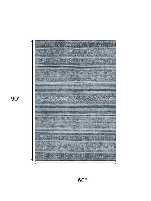 5' X 8' Blue And Gray Striped Washable Area Rug With UV Protection