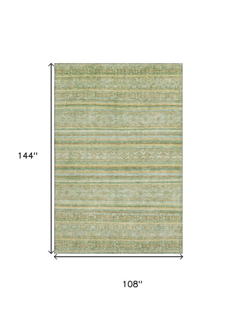 9' X 12' Green Gold And Beige Striped Washable Area Rug With UV Protection