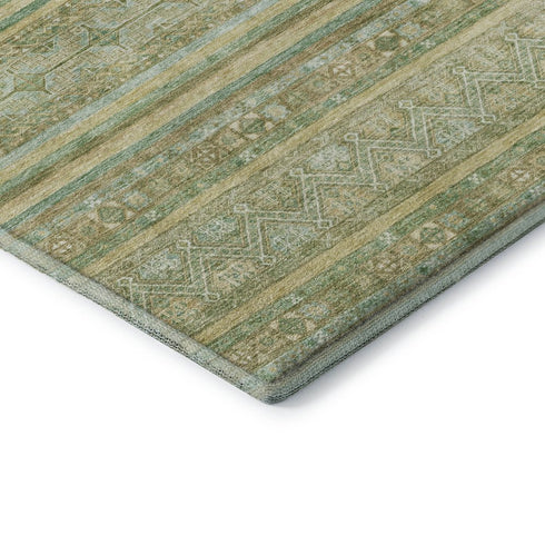 9' X 12' Green Gold And Beige Striped Washable Area Rug With UV Protection