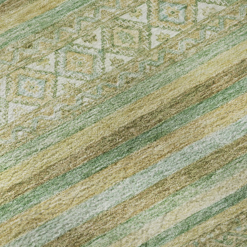9' X 12' Green Gold And Beige Striped Washable Area Rug With UV Protection