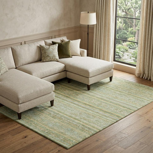 9' X 12' Green Gold And Beige Striped Washable Area Rug With UV Protection
