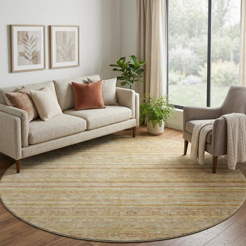 8' Wheat Beige And Gold Striped Washable Round Rug With UV Protection
