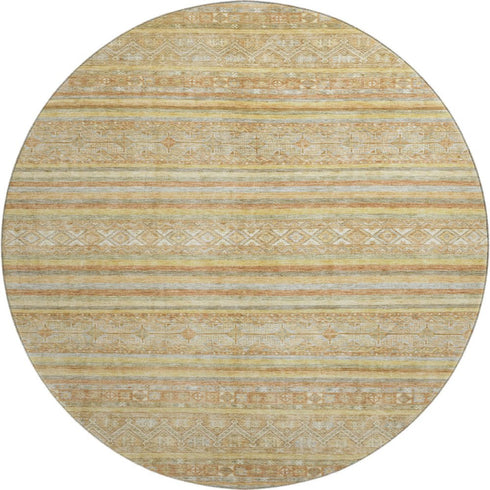 8' Wheat Beige And Gold Striped Washable Round Rug With UV Protection