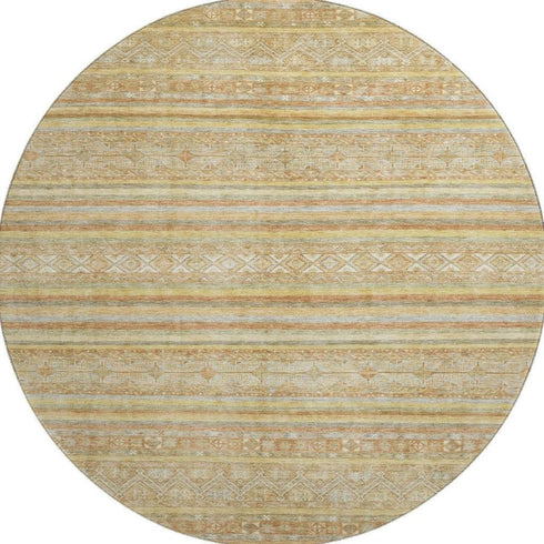 8' Wheat Beige And Gold Striped Washable Round Rug With UV Protection