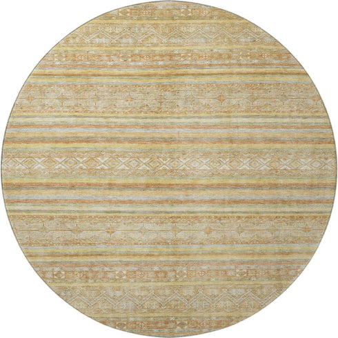 8' Wheat Beige And Gold Striped Washable Round Rug With UV Protection