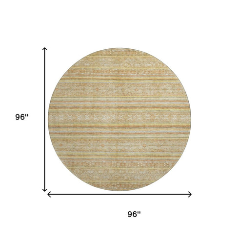 8' Wheat Beige And Gold Striped Washable Round Rug With UV Protection