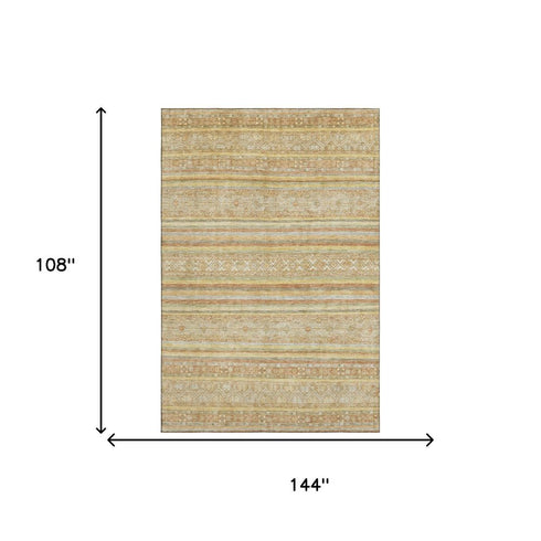 9' X 12' Wheat Beige And Gold Striped Washable Area Rug With UV Protection