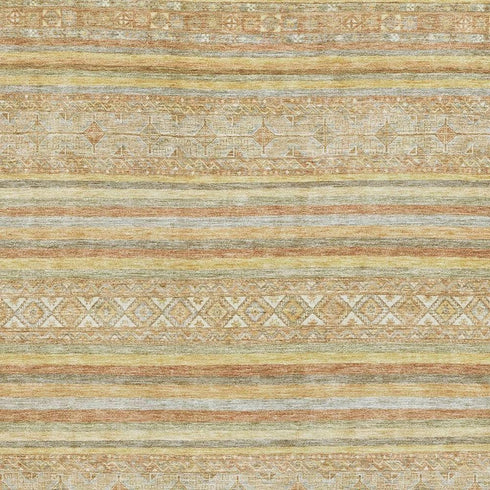 9' X 12' Wheat Beige And Gold Striped Washable Area Rug With UV Protection