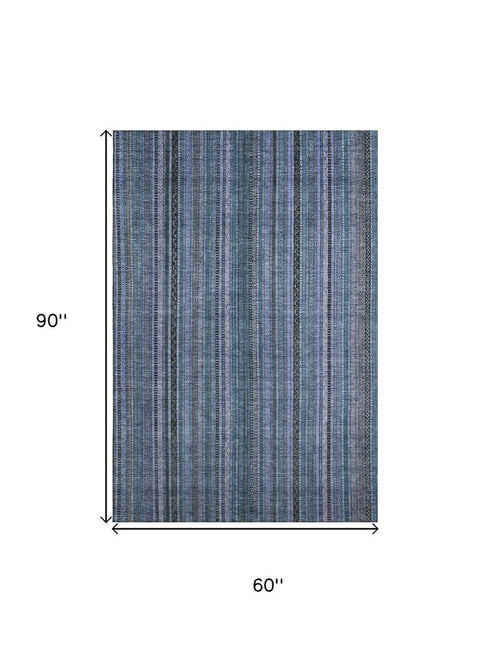5' X 8' Blue Gray And Charcoal Striped Washable Area Rug With UV Protection