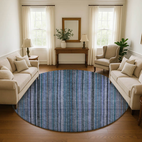 8' Blue Gray And Charcoal Striped Washable Round Rug With UV Protection