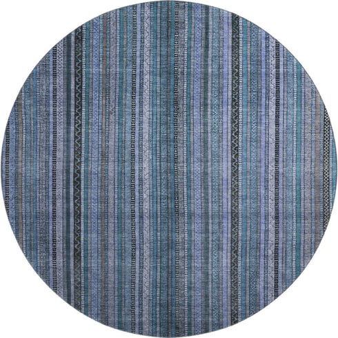8' Blue Gray And Charcoal Striped Washable Round Rug With UV Protection