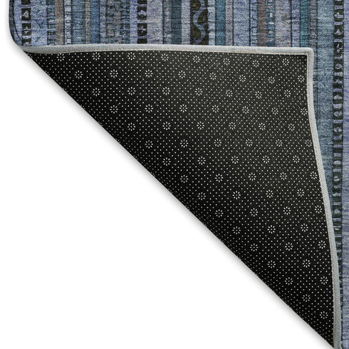 8' Blue Gray And Charcoal Striped Washable Round Rug With UV Protection
