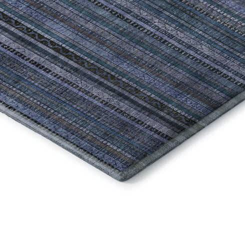 8' Blue Gray And Charcoal Striped Washable Round Rug With UV Protection