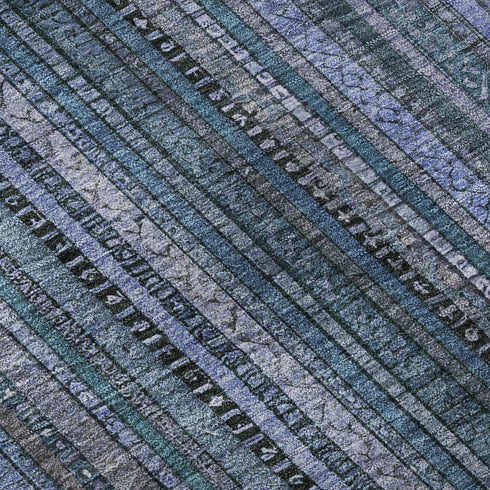 8' Blue Gray And Charcoal Striped Washable Round Rug With UV Protection