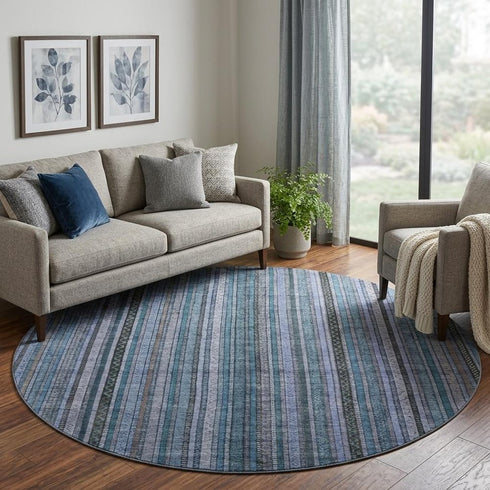 8' Blue Gray And Charcoal Striped Washable Round Rug With UV Protection