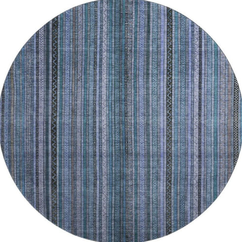 8' Blue Gray And Charcoal Striped Washable Round Rug With UV Protection