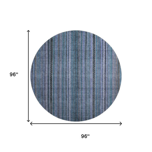 8' Blue Gray And Charcoal Striped Washable Round Rug With UV Protection