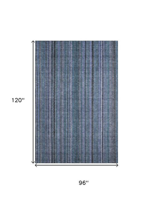 8' X 10' Blue Gray And Charcoal Striped Washable Area Rug With UV Protection