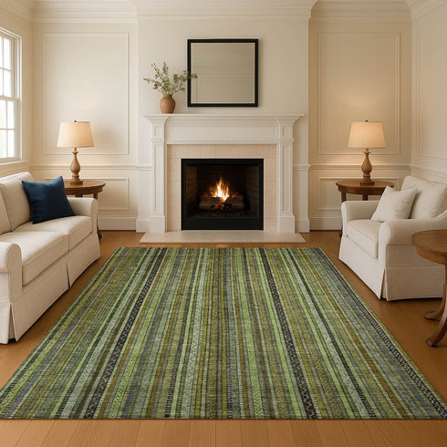 8' X 10' Green Gray And Gold Striped Washable Area Rug With UV Protection