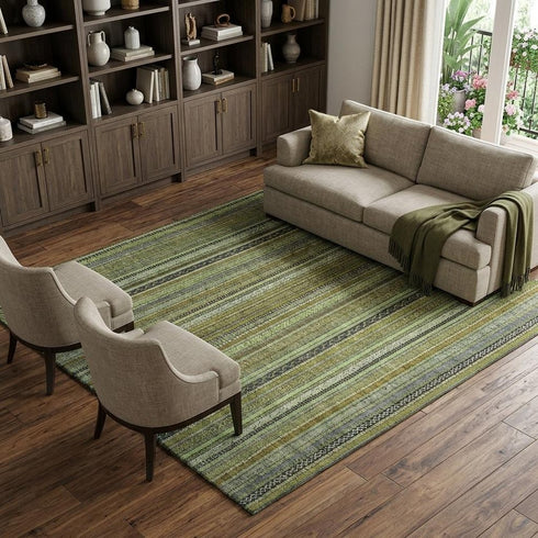 8' X 10' Green Gray And Gold Striped Washable Area Rug With UV Protection