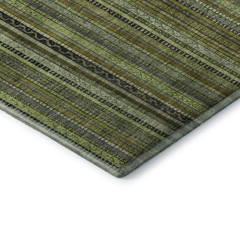 8' X 10' Green Gray And Gold Striped Washable Area Rug With UV Protection