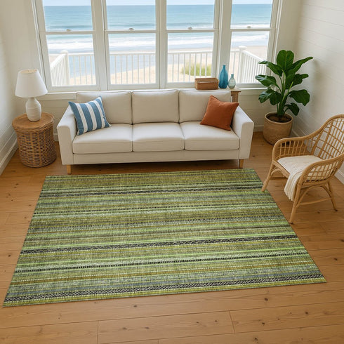 8' X 10' Green Gray And Gold Striped Washable Area Rug With UV Protection