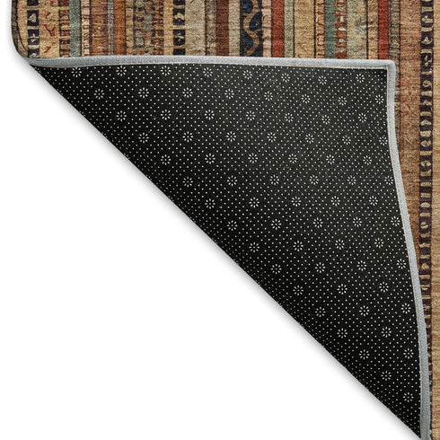 8' Rust Taupe And Gray Striped Washable Round Rug With UV Protection
