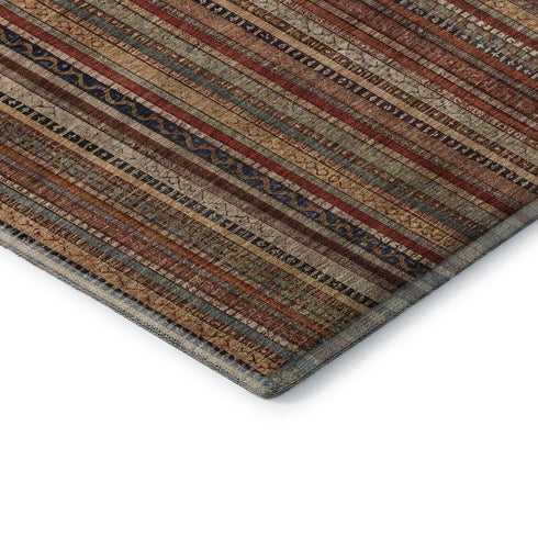 8' Rust Taupe And Gray Striped Washable Round Rug With UV Protection