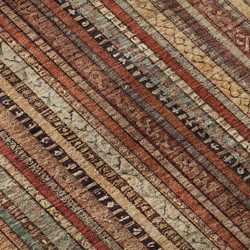 8' Rust Taupe And Gray Striped Washable Round Rug With UV Protection