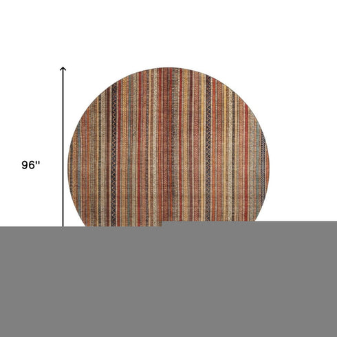 8' Rust Taupe And Gray Striped Washable Round Rug With UV Protection