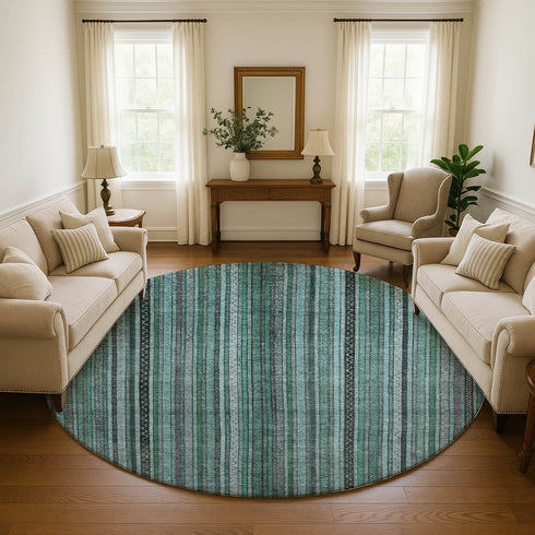 8' Teal Charcoal And Gray Striped Washable Round Rug With UV Protection