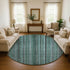 8' Teal Charcoal And Gray Striped Washable Round Rug With UV Protection