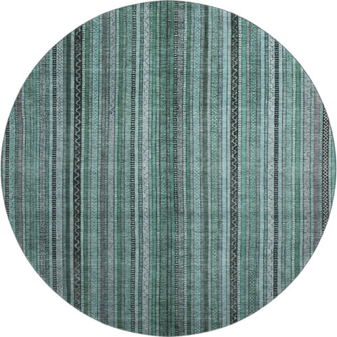 8' Teal Charcoal And Gray Striped Washable Round Rug With UV Protection