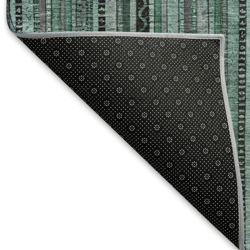 8' Teal Charcoal And Gray Striped Washable Round Rug With UV Protection