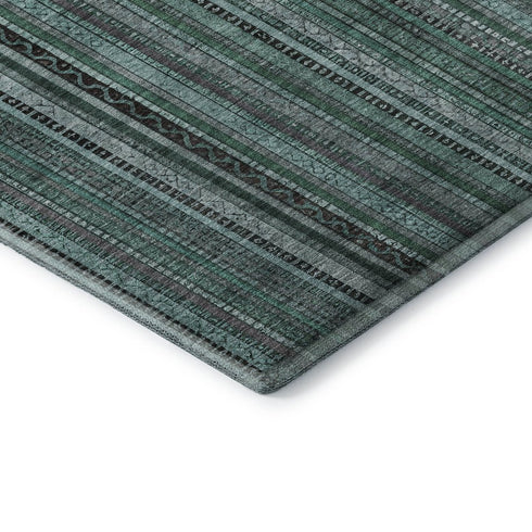 8' Teal Charcoal And Gray Striped Washable Round Rug With UV Protection