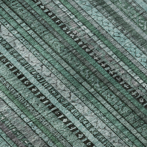 8' Teal Charcoal And Gray Striped Washable Round Rug With UV Protection