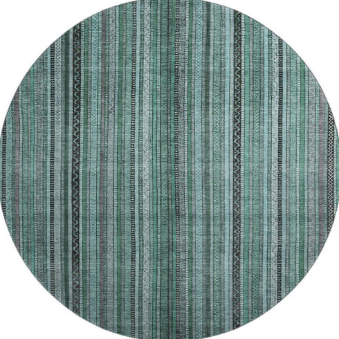 8' Teal Charcoal And Gray Striped Washable Round Rug With UV Protection