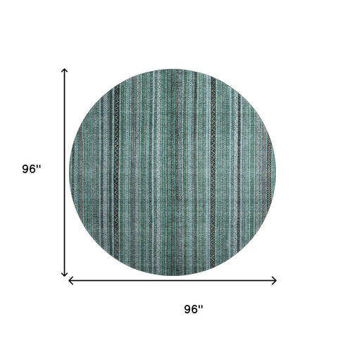 8' Teal Charcoal And Gray Striped Washable Round Rug With UV Protection
