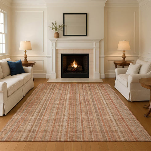 9' X 12' Rust Beige And Copper Striped Washable Area Rug With UV Protection