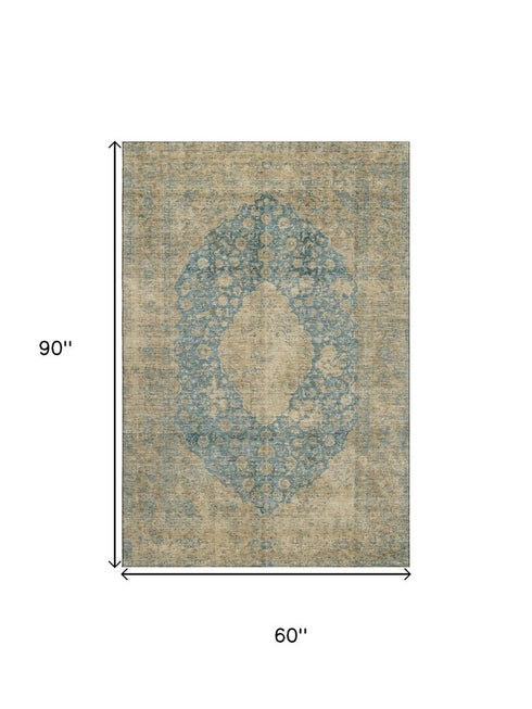5' X 8' Blue Beige And Taupe Medallion Washable Area Rug With UV Protection