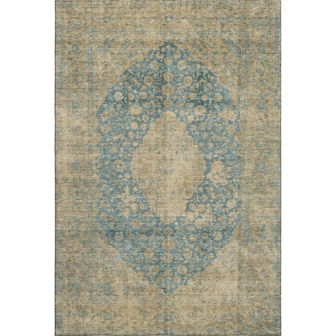 5' X 8' Blue Beige And Taupe Medallion Washable Area Rug With UV Protection
