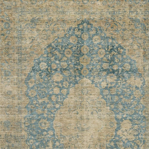 5' X 8' Blue Beige And Taupe Medallion Washable Area Rug With UV Protection