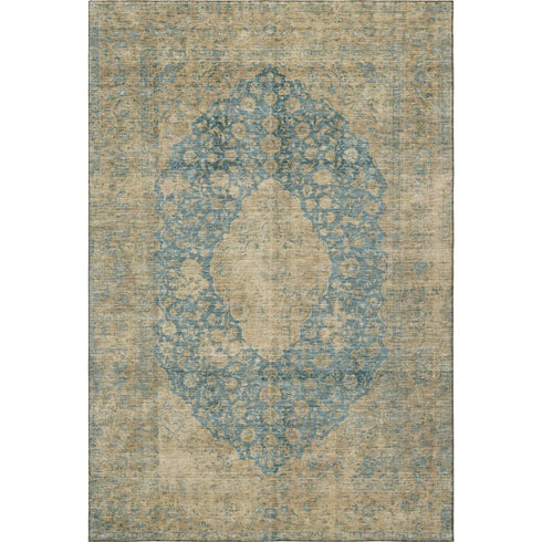 5' X 8' Blue Beige And Taupe Medallion Washable Area Rug With UV Protection