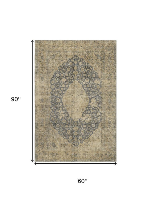 5' X 8' Charcoal Gray And Beige Medallion Washable Area Rug With UV Protection